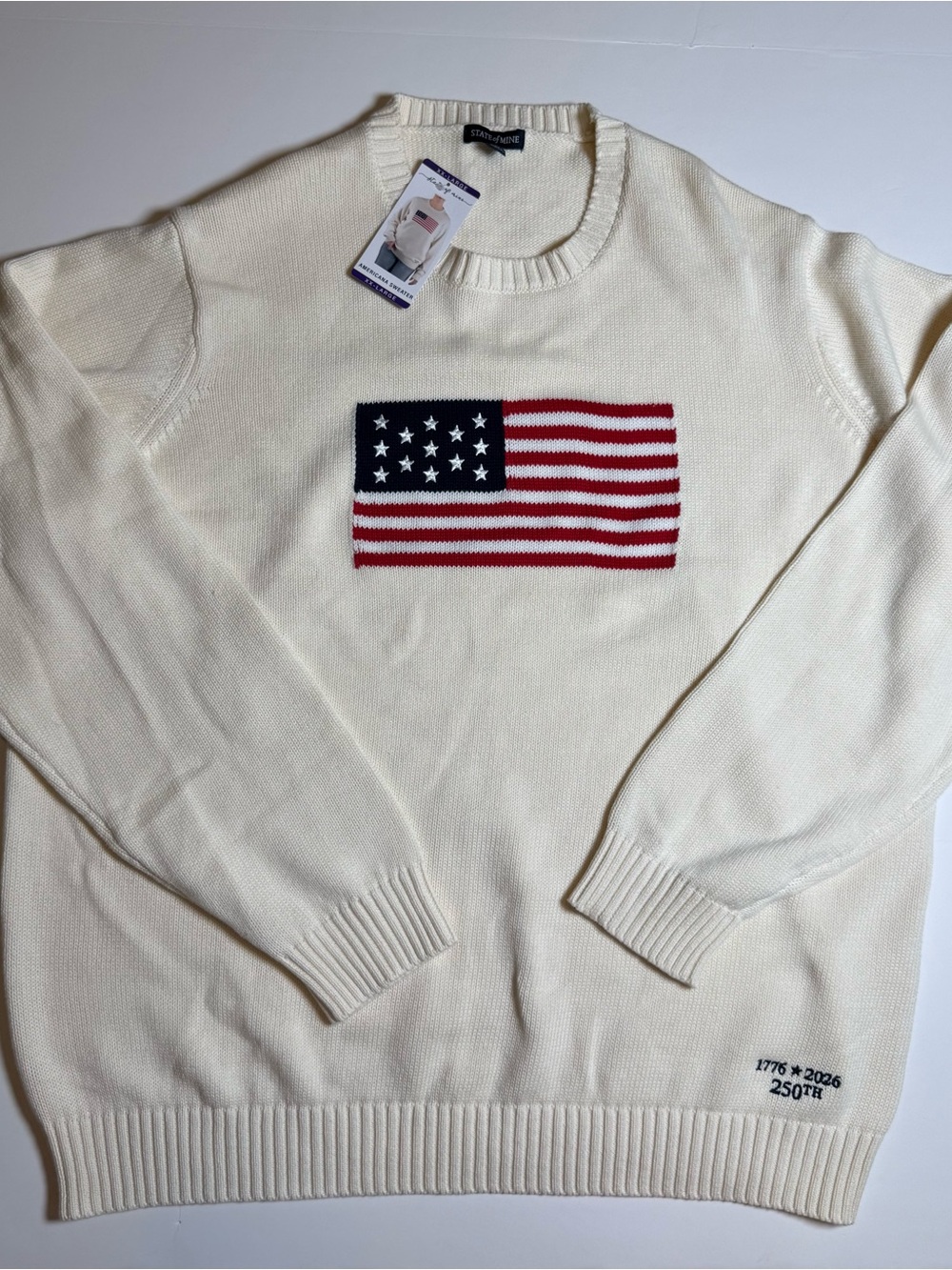 State of Mine Women’s Cream Knit Crewneck USA Flag Sweater XXL 100% Cotton NWT